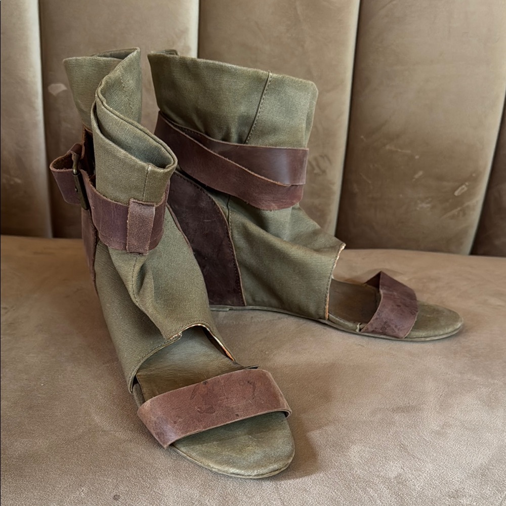 Olive and Brown Leather Wrap Open-toe Wedges